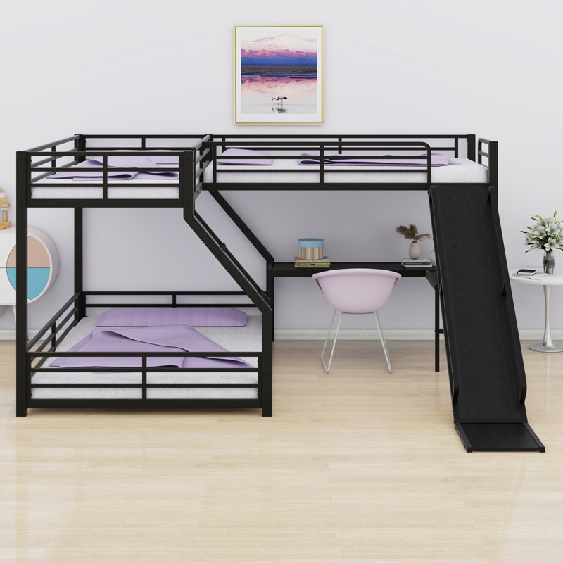 L-Shaped Bunk Bed With Loft Bed, Slide And USB Ports, Twin Over Full Over Twin