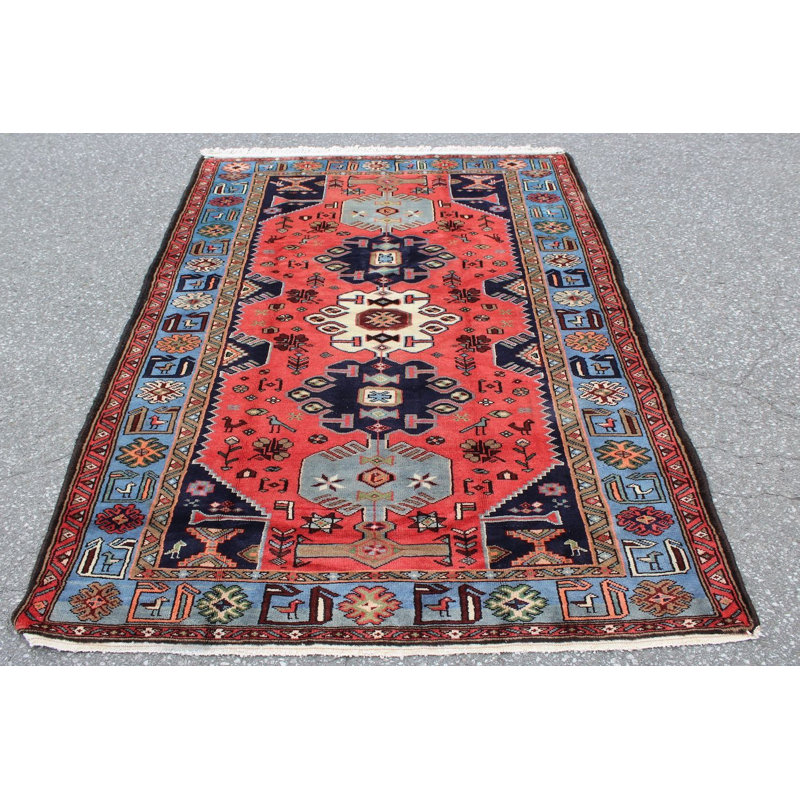 Tapis corail / bleu clair en laine noué à la main de conception unique des années 1950 de 4 pi 4 po x 6 pi 7 po