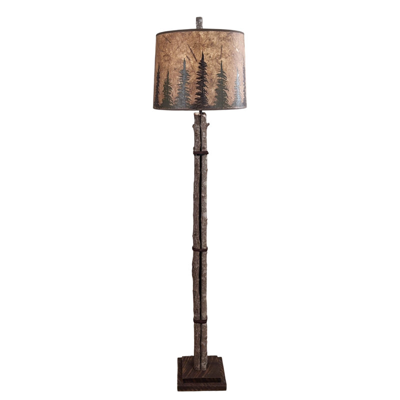 Twig and Leather Floor Lamp w/ Rough Sawn Base and Pine Tree Shade