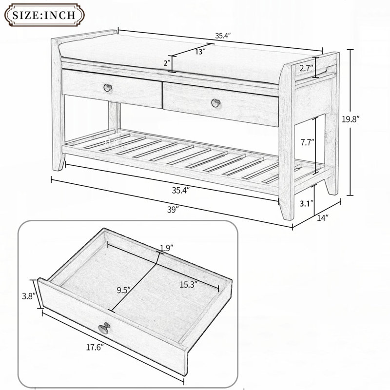 Storage Bench Shoe Rack with Cushioned Seat and Drawers, White