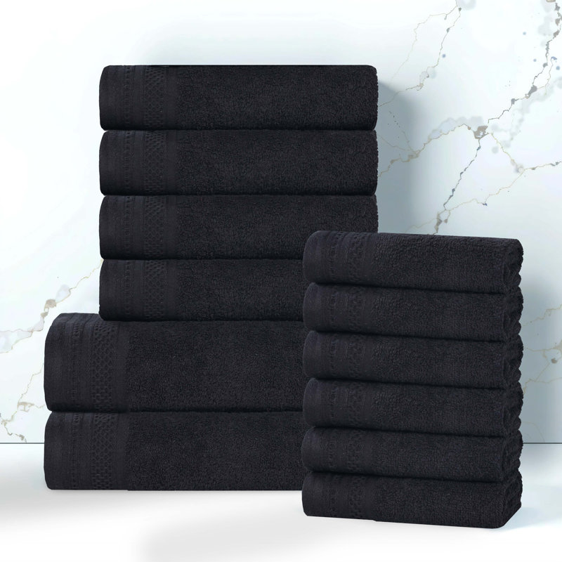 Ensemble de serviettes de bain 100% coton jacquard uni à motif de nid d'abeille 12 pièces Josann, Noir