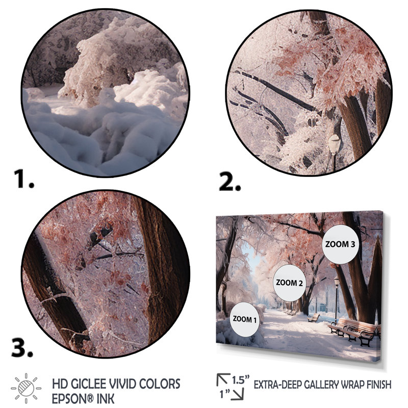 «Pink Snowy Park Floral Canopy», art mural sur toile, Cadre flottant brun, H 12 po x l 20 po x P 1 po