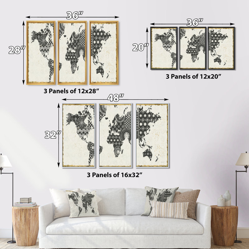 Carte Madallions - ensemble d'art mural sur toile traditionnel encadré de 3, Cadre noir, L 36 po x H 28 po