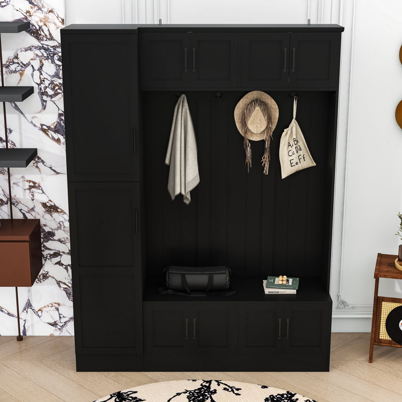 Hall Tree with 6 Cabinets, Adjustable Shelf and  Coat Hooks, Black