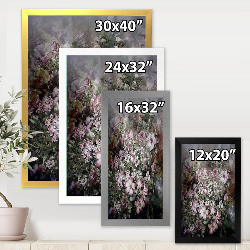 Dessin rétro de fleurs IV - reproduction d'art sur toile encadrée, H 40 po x l 30 po x 1,5 po, Argent