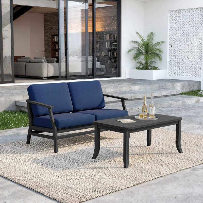 Polett Teak Outdoor Two-person Patio Set With Cushions And Side Table, Navy, Black