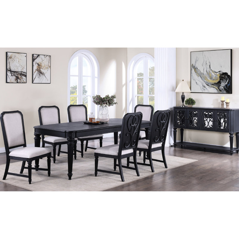 Meuble de salle à manger 7 pièces brun foncé avec rallonge et sièges brun traditionnel - table rectangulaire et rails de chaise rembourrés
