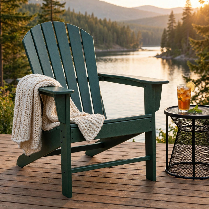 Chaise Adirondack pour l'extérieur Sunny, conception à lattes, dossier courbé, PEHD vert