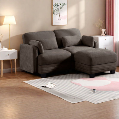 Canapé d'angle à compression deux places en chenille marron avec pouf, salon moderne