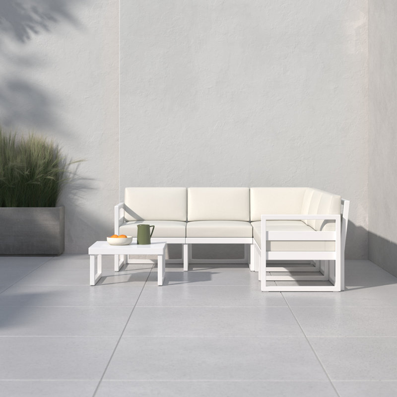 Lane 5 - Person Modular Patio Conversation Set with Cushions, White, Canvas Natural Sunbrella® Canvas