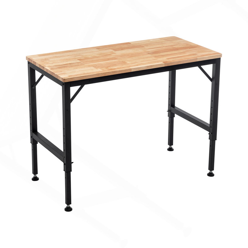 Établi réglable robuste de 48 po pour le garage, table d'atelier en bois d'hévéa avec patins en caoutchouc, poste de travail en bois franc, capacité de poids de plus de 2000 lb
