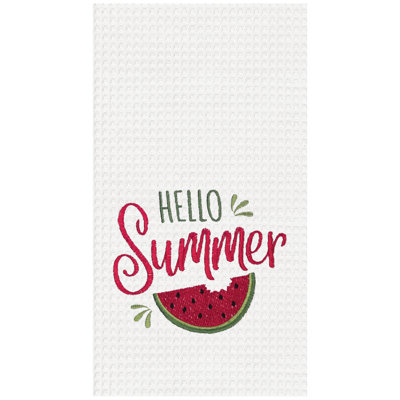"Hello Summer" Watermelon Bite Embroidered Cotton Waffle Weave Kitchen Dishtowel