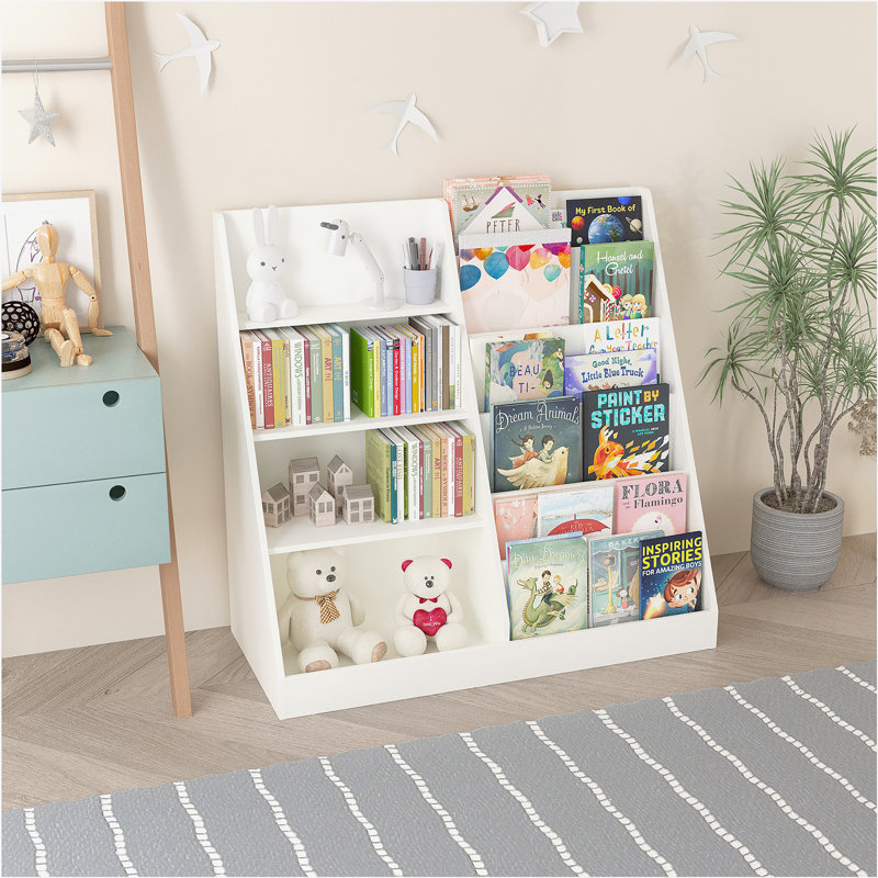 Kids Bookshelf and Toy Storage Organizer, Multifunctional 4 Tier Wooden Kids Book Shelf with  Bookcase Display Stand