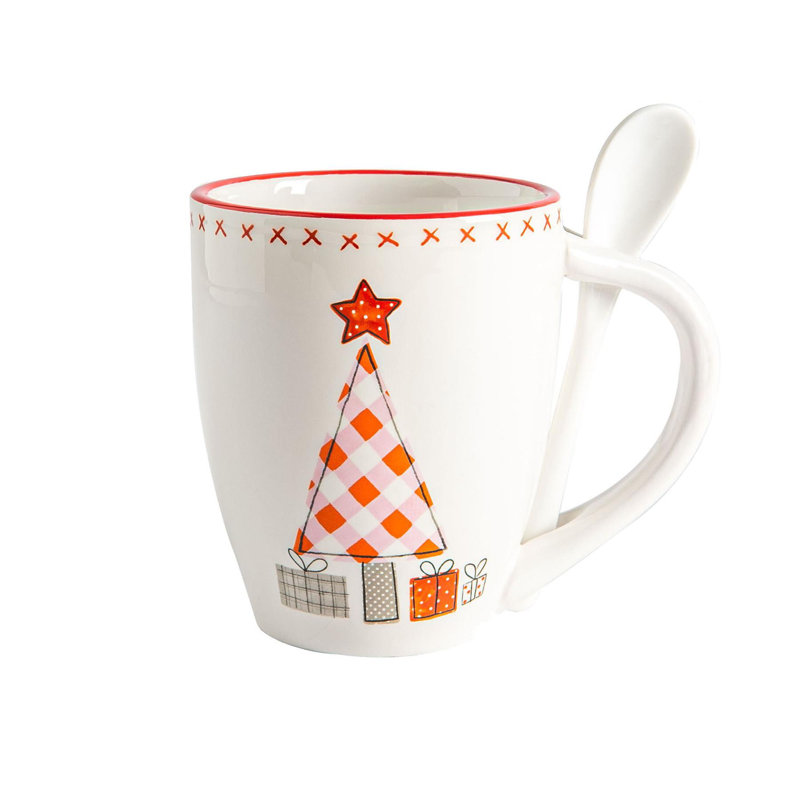 Nicola Spring - Patchwork Christmas Mug & Spoon Set - 9cm - White, 1