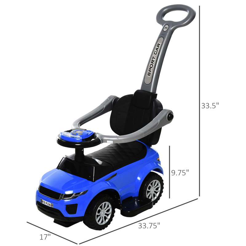 Poussette de voiture Ride On avec direction réglable et compartiment de rangement bleu pour les fonctions de divertissement 12 à 36 mois
