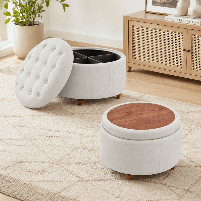 Repose-pieds rembourré avec rangement et coussin capitonné, Beige