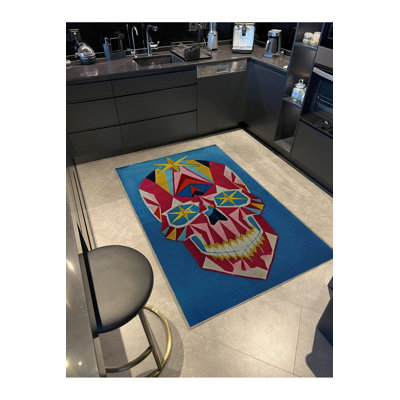 Tapis bleu lavable décoratif multicolore