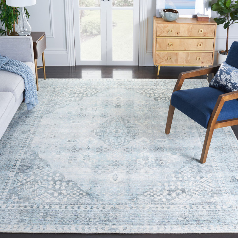 Panola Hand Loomed Wool/Viscose Oriental Rug in Gray/Light Blue, Square 8'