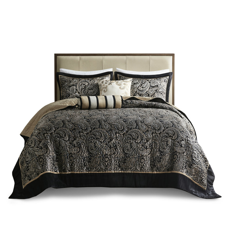 Couvre-lit 5 pièces pour grand lit - noir avec détails de broderie et bordure unie taupe, Black