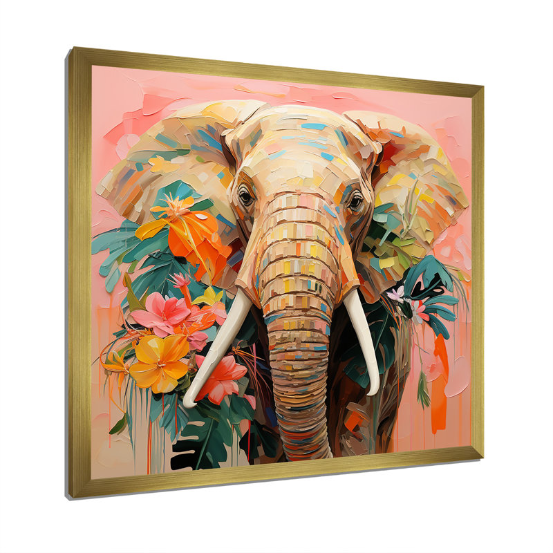 Éléphant gris abstrait, art mural d'éléphant IV, Cadre doré simple, H 36 po x l 36 po x P 1,5 po