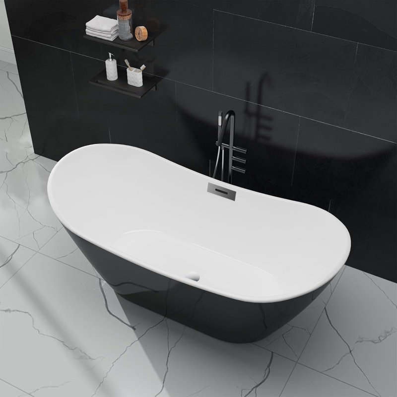 59" Acrylic Soaking Bathtub, Deep Modern Tub with Non-Slip Base, CUPC Certified, Space-Saving Bath with Chrome Drain and Overflow, Easy Install for Small Bathrooms, Black