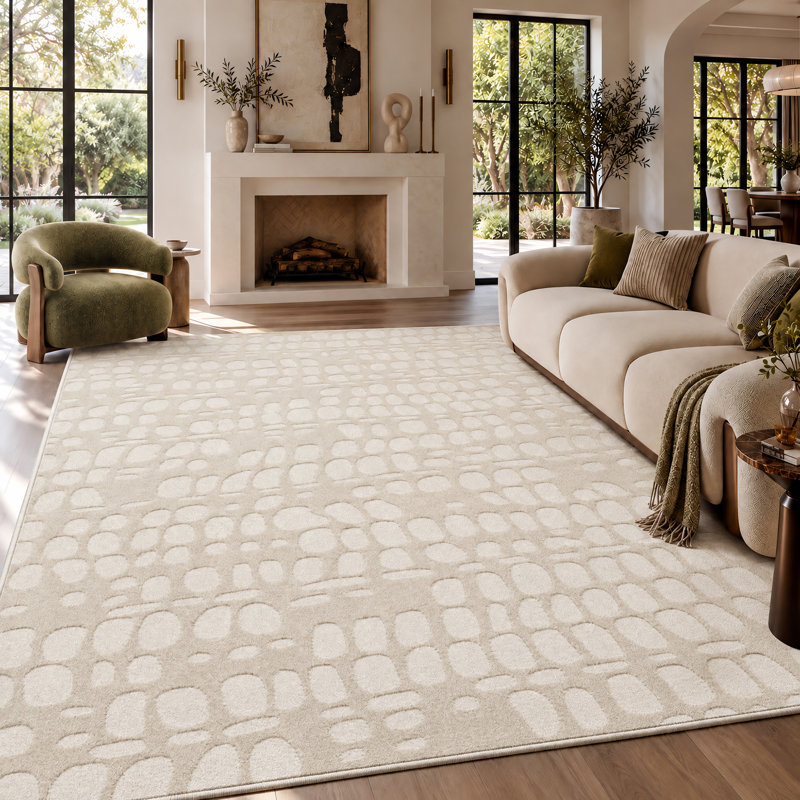 Tapis lavable doux et moderne pour salon, chambre à coucher, Beige/White, Rectangle 5' x 7'