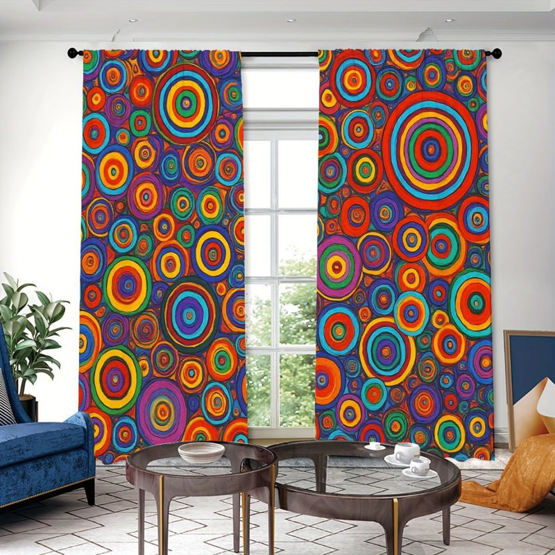 2Pcs Vibrant Circles Curtains, Bold Concentric Rings Design, Retro Abstract Art, Rod Pocket Light Filtering, Funky Groovy Style, All-Season For Living Room Bedroom Dorm Window Decor