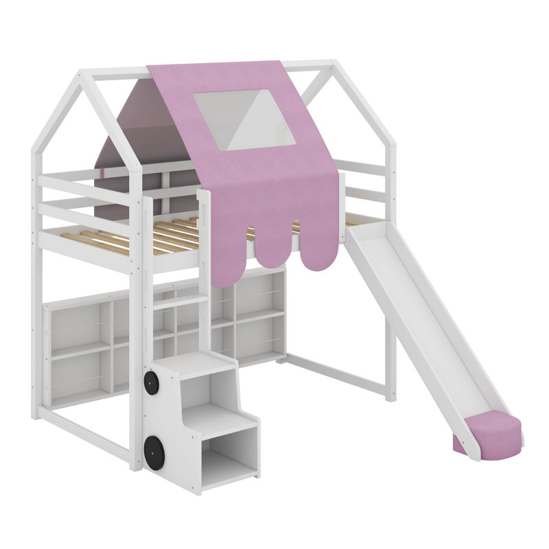Lit mezzanine simple en bois avec tente, Blanc / rose