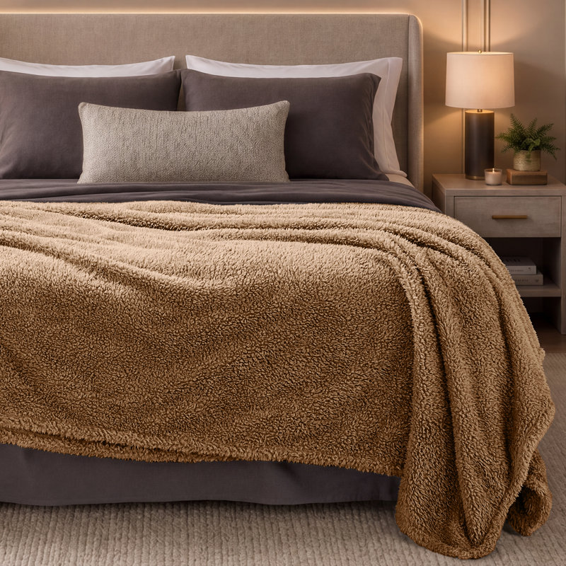 Couverture Cozy Faux Shearling, Ourson uni brun, Très grand lit