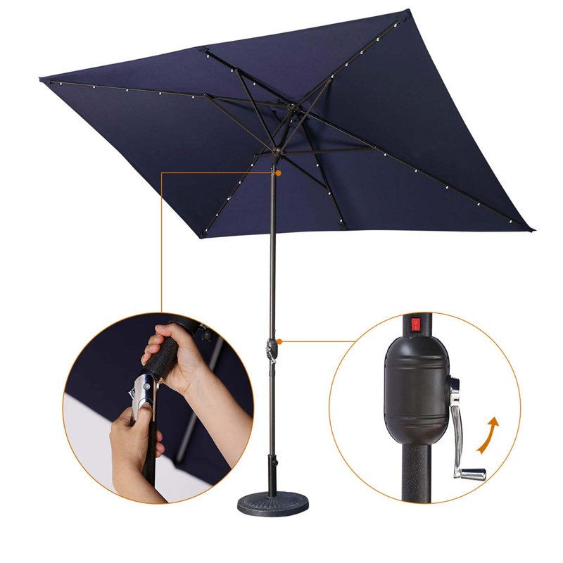 Waterproof Rectangular Patio Umbrella And Solar Lights, LED Lights, Push Button Tilt, Crank
