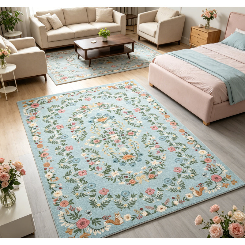 Tapis rétro taupe lavable pour l'intérieur, Blue, Rectangle 6' x 9'