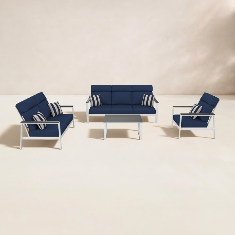 Townsend 4 Person Seating Group With Sunbrella Cushions, Canvas Navy, Brown
