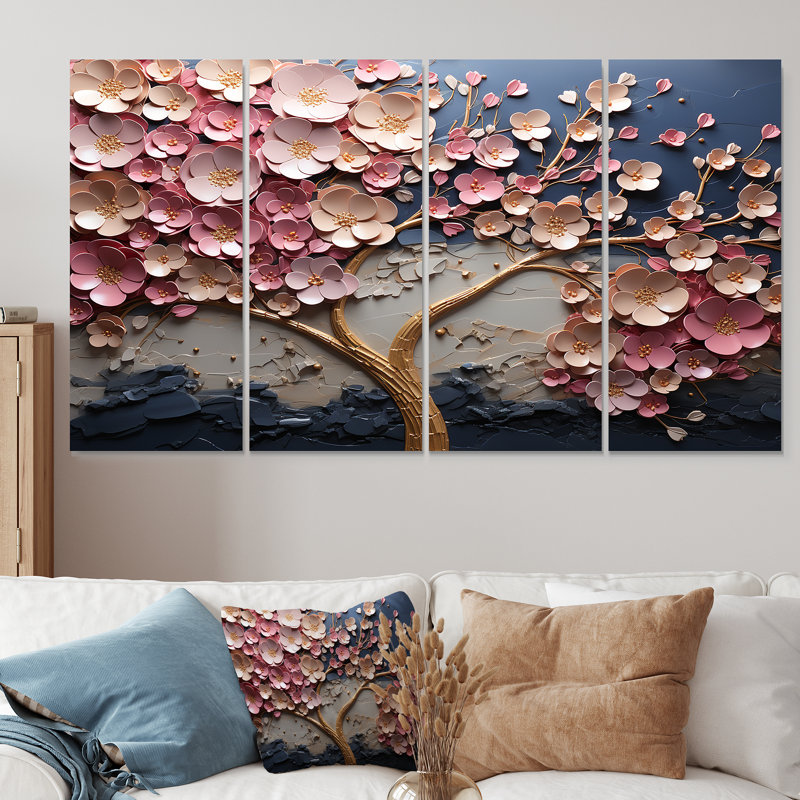 Rose et fleur de jardin doré - Fleurs, art mural 4 pièces pour le salon, H 28 po x l 48 po