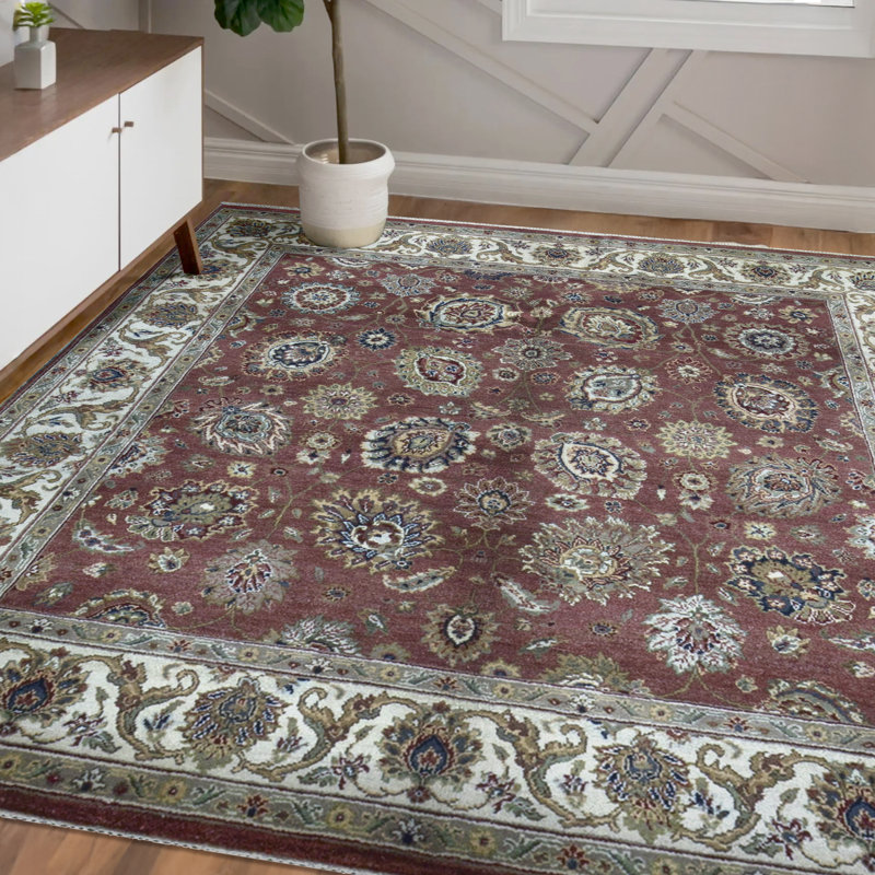 Tapis carré rouge et ivoire de haute qualité noué à la main