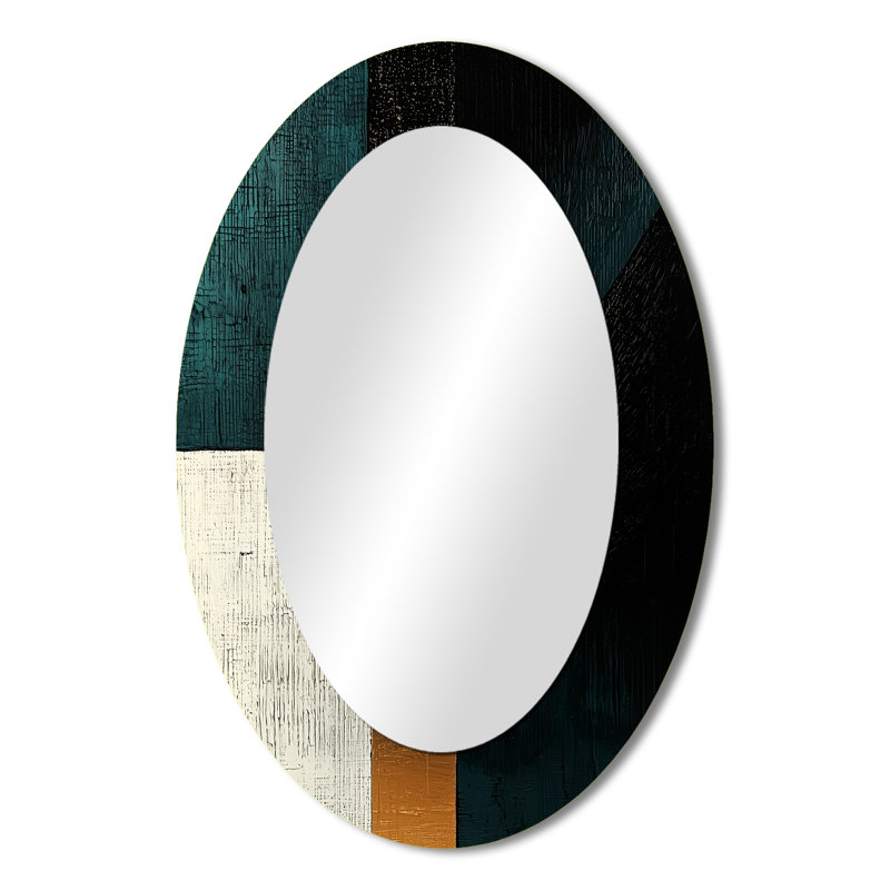 Miroir mural ovale abstrait géométrique abstrait émeraude et or II, 36 po x 24 po