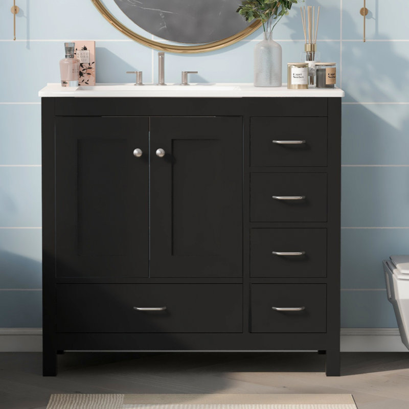 36" vanity with ceramic sink, abundant storage cabinet, 2 soft-close doors and 5 drawers