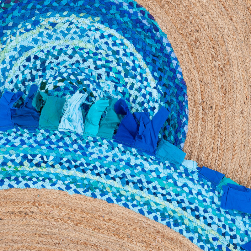 Yousef Hand Woven Cotton/Jute Rug in Turquoise/Natural, Round 5'