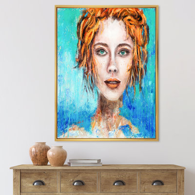 Visage de femme avec des yeux verts et des cheveux roux - peinture sur toile