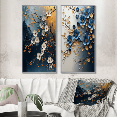 Or et bleu cerisier en fleurs, paysage I - ensemble d'art mural 2 fleurs de cerisier