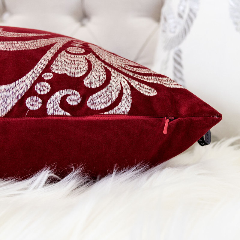 Holiday Embroidered Velvet Throw Pillow, Red/Silver