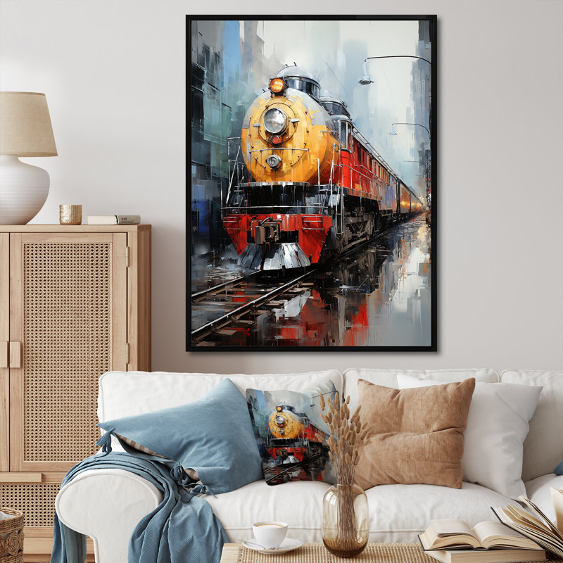 Jaune - train rouge - impression, Cadre flottant noir, H 32 po x l 16 po x P 1 po