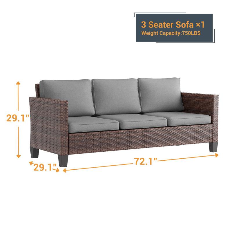 3 Seater Patio Sofa Wicker Outdoor Patio Sofa & All-Weather Rattan, Brown, Gray