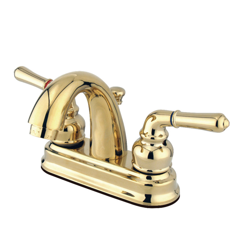 Kingston Brass Naples Two-Handle 3-Hole Deck Mount 4" Centerset Bathroom Faucet with Plastic Pop-Up, Polished Brass