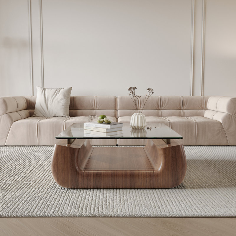Modern Walnut & Glass Coffee Table, Curved Wooden Design with Tempered Glass Top, Open Storage Shelf, Mid-Century Center Table for Living Room
