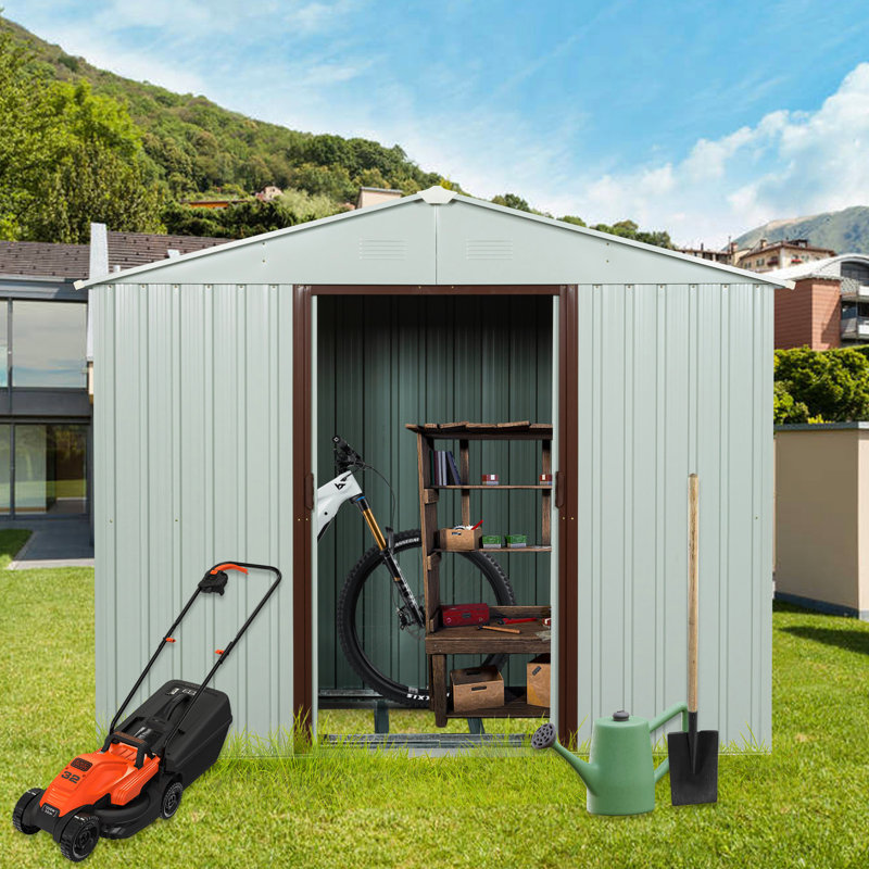 Outdoor Metal Storage Shed 8ft X 4ft With Resistance And Anchors White Construction Shelf, White