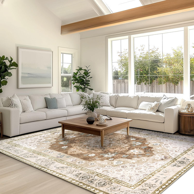 Machine Washable Indoor&Outdoor Area Rug Non-Slip Backing Light Brown Vintage Low Pile Rug for Living Room Bedroom Dorm Hotel