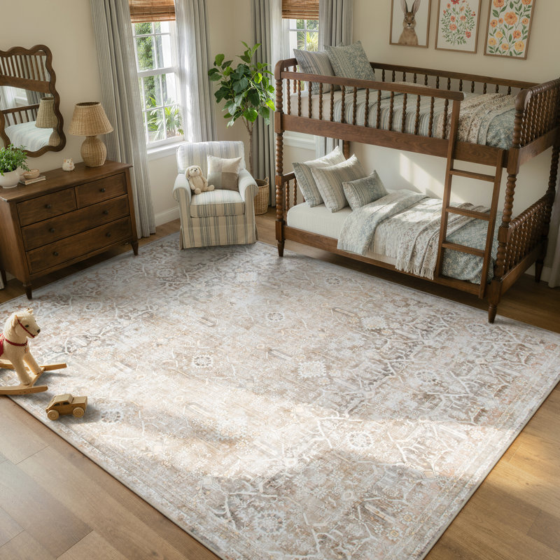 Tapis beige lavable rétro Tribal Cashmere Vintage, Rectangle 9 pi x 12 pi