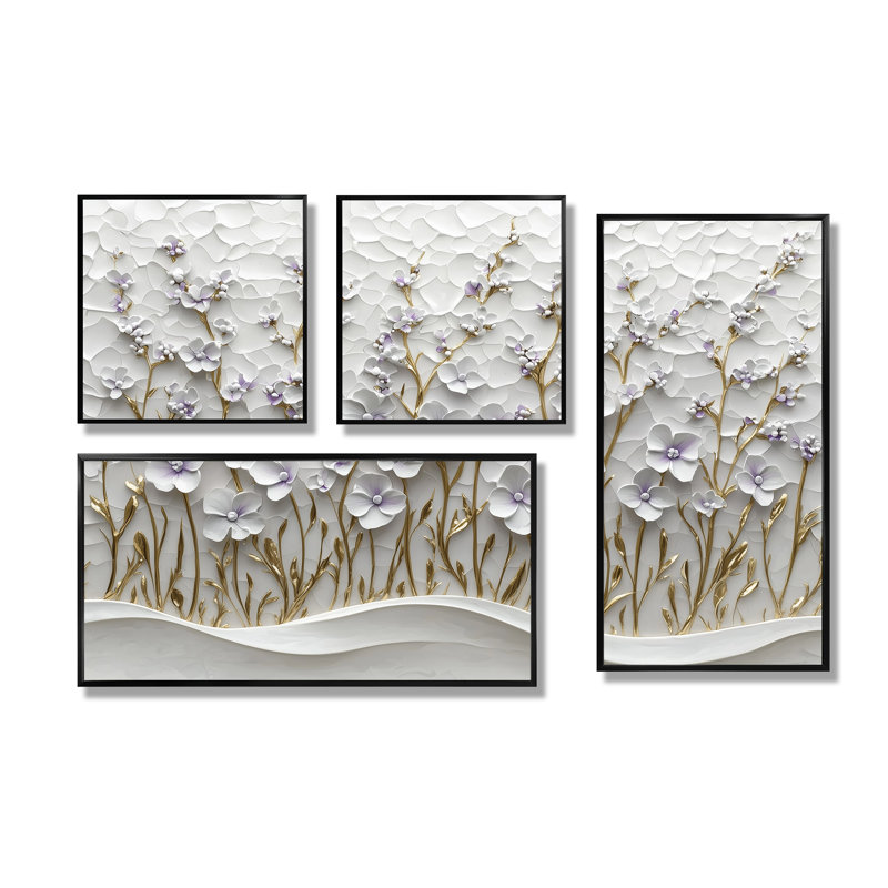 Pure Wildflower Cream Horizons - Art mural floral 4 pièces, Impression encadrée sans passe-partout, Noir