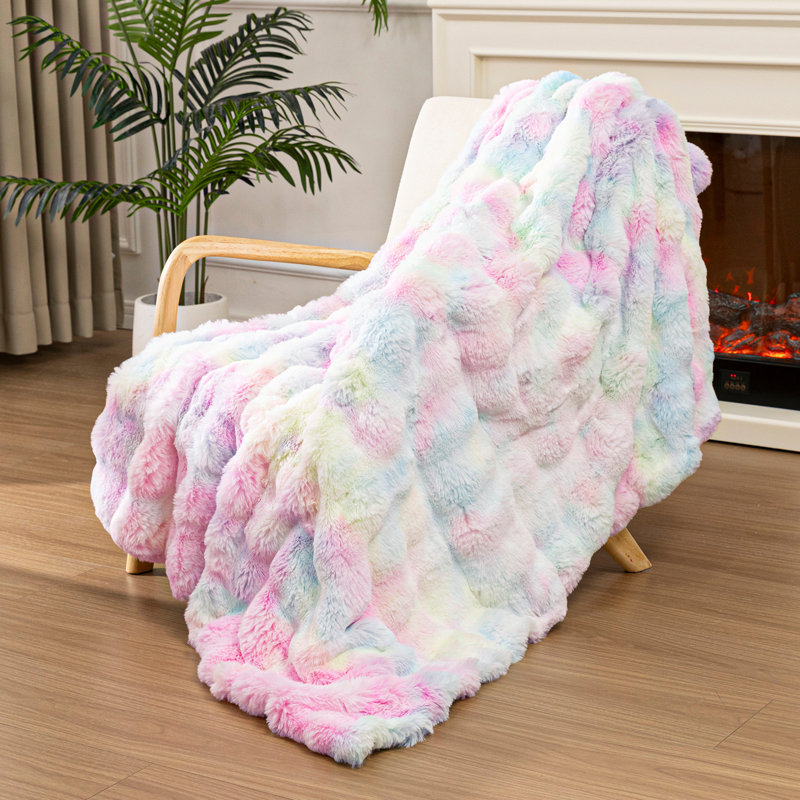 Luxury Cozy Warm Faux Fur Throw Blanket, Reversible Blanket for Sofa, Living Room, Bedroom, Queen, Rainbow