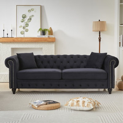 FX 85.5"Living Room with velvet Chesterfield Sofa with Rolled Arms 3 Seater Sofa with Button Design and 2 Cushions for Apartment, Office, Living Room 	W1926S00064